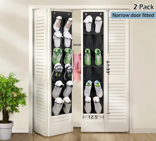 Vista 2 de MISSLO Organizador de zapatos sobre la puerta, 12 bolsillos grandes de malla para colgar puerta estrecha de armario, negro, paquete de 2