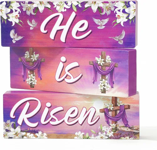 Vista 9 de Qunclay Juego de 3 letreros de mesa de madera con texto en inglés "He is Risen" para decoración de mesa de madera de Pascua, centro de mesa