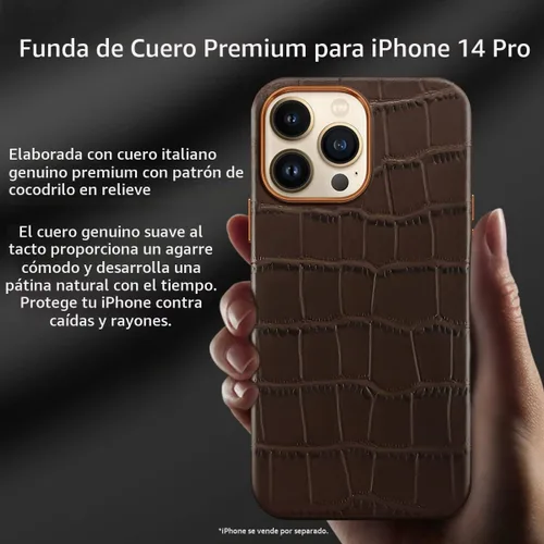 Vista 2 de Funda de piel compatible con iPhone 14 Pro, piel de vaca genuina, patrón de cocodrilo en relieve para iPhone 14 Pro, imanes integrados para carga