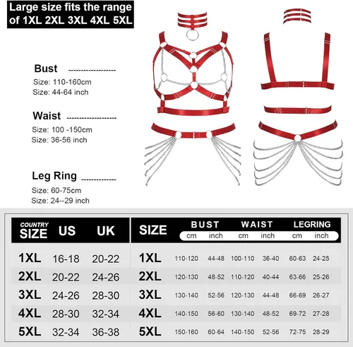 Vista 4 de Arnés de cuerpo de talla grande para mujer gorda y niña, cadena de metal, hueco completo, sujetador de jaula, medias de pierna, liguero, ropa gótica