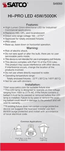 Vista 6 de Satco S49393 Bombilla LED de mazorca de maíz, base extendida Mogul, 45 W, clasificación de 35000 horas, 6210 L, luz natural