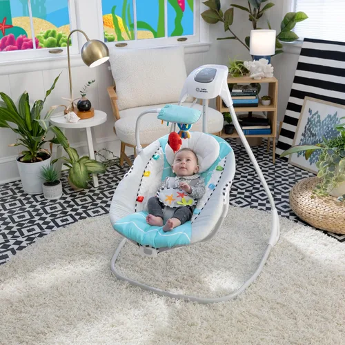 Vista 8 de Baby Einstein Ocean Explorers Musical Compact, columpio ligero para bebé, 6 velocidades multidirección, vibraciones, música, sonidos, 0-9 meses, Gris