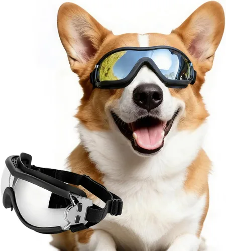 Vista 18 de Paquete de 2 gafas de sol para perros de raza mediana a grande, protección ocular anti-UV con correas ajustables, color plateado Paquete de 2