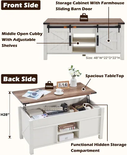 Vista 3 de OKD - Mesa de centro de granja de 48" con puerta de granero deslizante, mesa rústica con compartimento de almacenamiento oculto, superficie superior