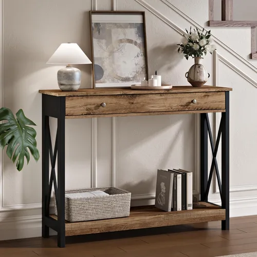 Vista 9 de Mesa consola de madera Treocho Farmhouse con cajón y estantes de almacenamiento, mesa de sofá estrecha para entrada, sala de estar, pasillo