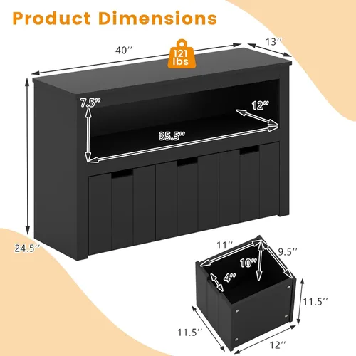 Vista 3 de HONEY JOY Organizador de almacenamiento de juguetes para niños, estante de guardería para niños, 3 cajas de juguetes de madera con ruedas, armario