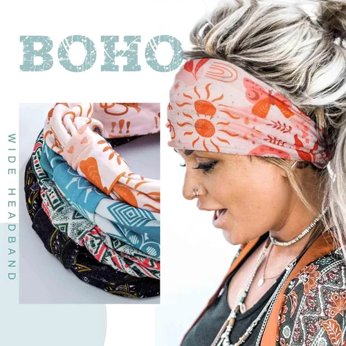 Vista 7 de Acenail Diademas anchas para mujer, turbante bohemio, diadema anudada, floral, elástica, antideslizante, para entrenamiento, yoga, bufandas