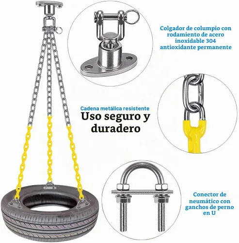 Vista 3 de BeneLabel - Kit de cadenas de oscilación para neumáticos, rotación de 360°, resistente con cadenas recubiertas y ganchos para columpios