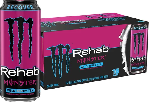 Vista 21 de Monster Energy Rehab Té Verde + Energía, Té Helado Energético, Bebida Energética 15.5 onzas (Paquete de 15) Té helado energético, paquete de 15