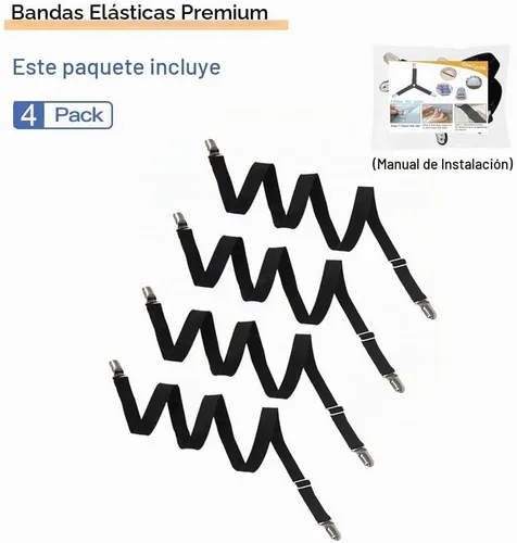 Vista 6 de 4 correas ajustables entrecruzadas para sábana bajera (4 unidades, color negro)