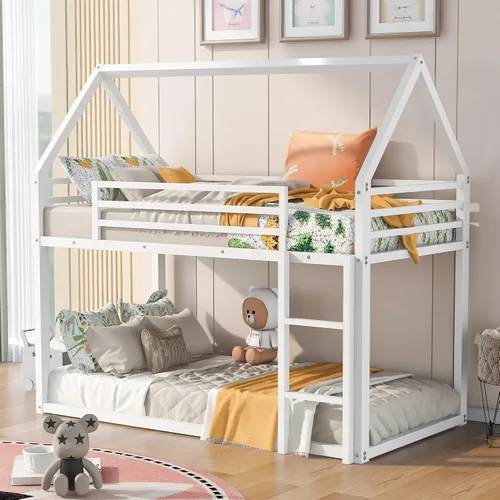 Vista 11 de Litera de casa individual sobre cama individual con escalera convertible integrada, diseño de casa de juegos de dormitorio, marco de cama de metal