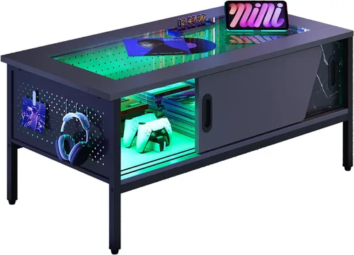 Vista 7 de Bestier Mesa de centro LED de 42 pulgadas con almacenamiento, mesa de centro moderna con tapa de vidrio para sala de estar, mesa central negra