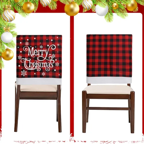 Vista 3 de CCINEE 2 fundas para respaldo de silla de Navidad, fundas de silla de búfalo rojo y negro con copo de nieve para silla de Navidad, cubierta trasera