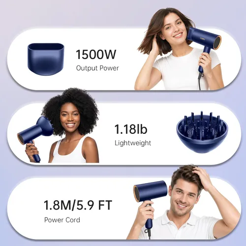Vista 5 de CONFU Secador de pelo difusor para cabello rizado, secado rápido de 1500 W con difusor para mujeres, secador de pelo de iones negativos compacto