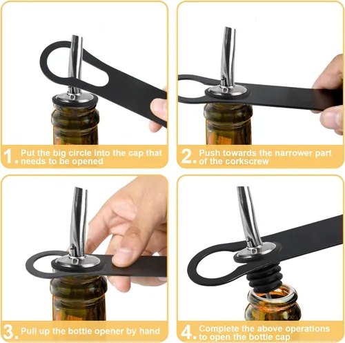 Vista 4 de Abrebotellas y removedor de boquilla de vertido, llave de barra plana para camareros, abridor de velocidad de acero inoxidable, multifunción Negro