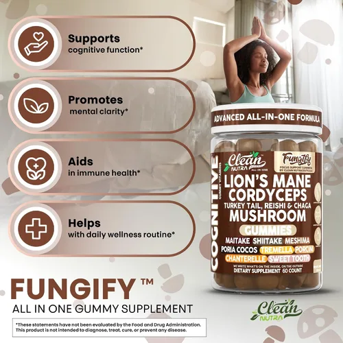 Vista 5 de Clean Nutra Lions Mane - Gomitas de hongos Cordyceps Suplemento para la memoria y la concentración Apoyo Inmunológico Vitaminas Reishi Chaga Pavo