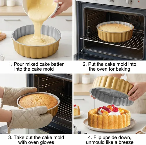 Vista 5 de Goaste Charlotte Cake Pan de 9.5 pulgadas, molde acanalado reutilizable, aluminio antiadherente con forma de flor para queso, chocolate, tarta