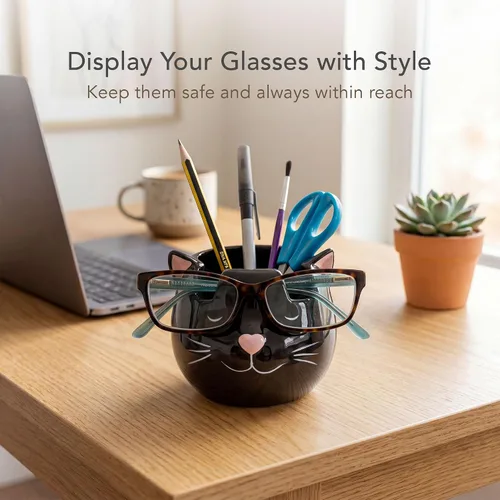Vista 8 de Soporte y jarrón para lentes de gato, soporte de cerámica para gafas de sol y lentes de gato negro, organizador de decoración y exhibición de regalo