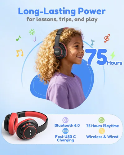 Vista 5 de Acer OHR702 - Auriculares Bluetooth para niños con micrófono integrado Negro rojo