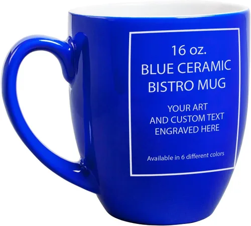 Vista 7 de PlaqueMaker Taza de café Bistro de cerámica personalizada, texto grabado con láser, 16 onzas (azul)