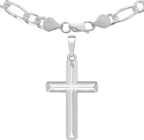Vista 4 de Silver Shoppe Jewelry Mens Sterling Silver Cross Pendant Italian Figaro Chain Necklace