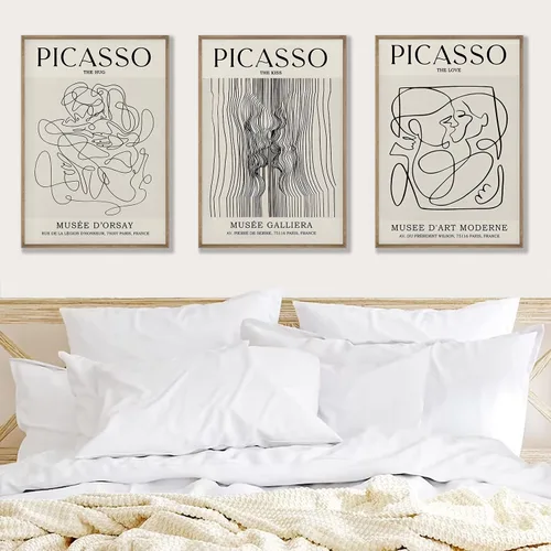 Vista 3 de Picasso - Póster de pared abstracto de líneas femeninas para dormitorio, Picasso The Kiss, The Love, The Hug, juego de decoración de pared, pintura