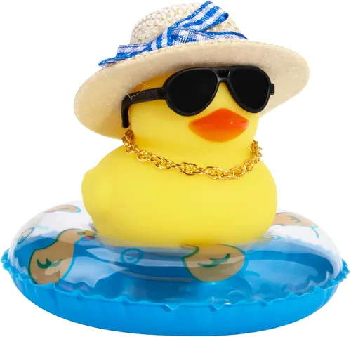 Vista 50 de wonuu Pato de goma para automóvil, decoración de pato amarillo con sombrero para el sol, anillo de natación, collar, gafas de sol para decoración