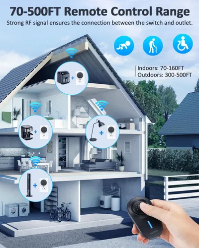 Vista 5 de Enchufe de salida de control remoto, 15A/1500W, Kit de interruptores de luz remotos con rango RF de 500 pies, sin necesidad de cableado Enchufe