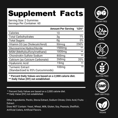 Vista 7 de Gomitas de condroitina de glucosamina para apoyo articular – 120 gomitas de glucosamina extra fuertes 3000 mg con MSM, cúrcuma, calcio, vitamina D3