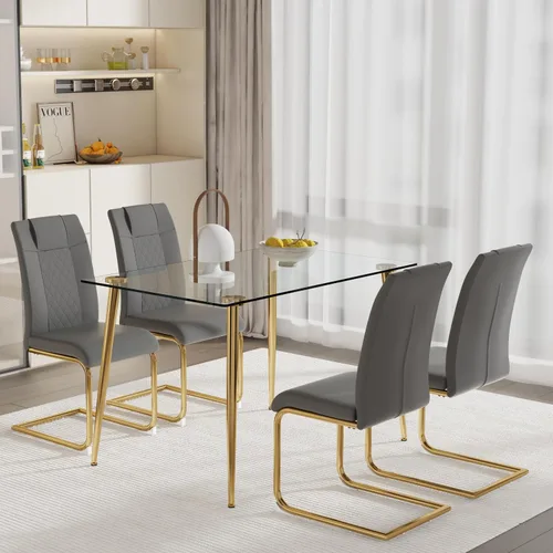 Vista 16 de Juego de mesa de comedor para 4, 5 piezas, juego de mesa de comedor de terciopelo moderno, mesa rectangular de vidrio templado para cocina, bar