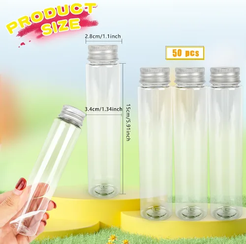 Vista 2 de 50 tubos de ensayo de plástico con tapón de rosca, tubos de ensayo transparentes de 3.7 fl oz con tapa, tubo de ensayo transparente de fondo plano