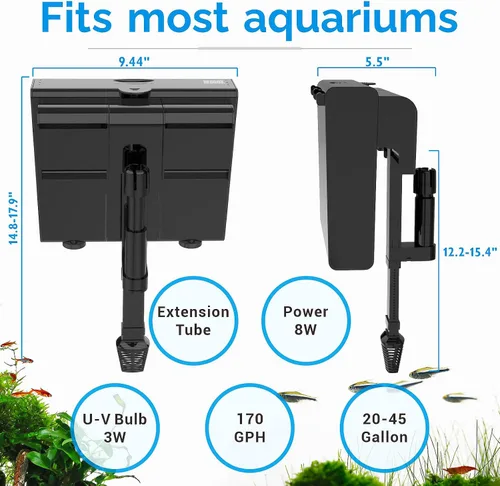 Vista 2 de Filtro de acuario U-V para tanque de 30 a 45 galones, filtro de acuario para colgar en la parte posterior, máquina de limpieza de agua verde, filtro