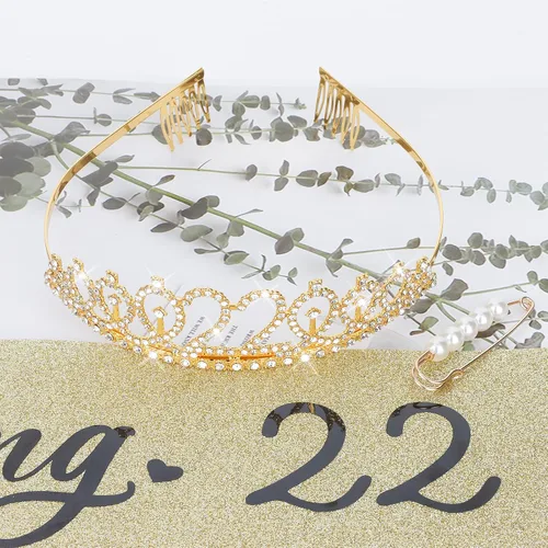 Vista 8 de CIEHER Juego de celebración de cumpleaños dorado - Faja, tiara y decoraciones para cumpleaños número 22 Cumpleaños número 22 dorado