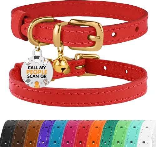 Vista 19 de BRONZEDOG Collar de cuero para gato con campanas extraíbles sin liberación rápida, etiqueta QR para gatito para niña y niño