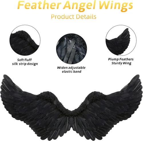 Vista 3 de Disfraz de alas de ángel y halo para adultos, alas de ángel de plumas para mujeres, niños y niñas, disfraz de fiesta temática de Halloween