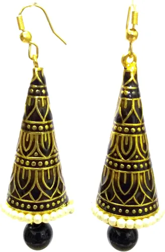 Vista 2 de DESI HAWKER Meenakari Minakari Pintado a Mano Pendiente Hecho Pendiente Bali Jhumki Jhumka Joyería Drop Cuelga Lámpara De Cono Largo NI-294, Metal