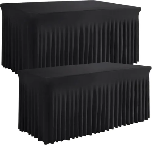 Vista 9 de Falda de mesa negra, de elastano, sin arrugas, 6 pies, mantel elástico ajustable lavable para mesas rectangulares para bodas, banquetes, fiestas