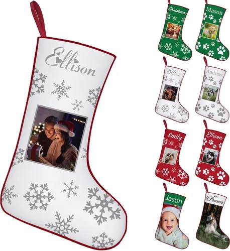 Vista 14 de Calcetines de Navidad personalizados con foto de nombre, imagen de perros y mascotas, patas de perro, calcetines de Navidad, decoración colgante