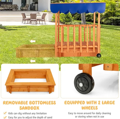 Vista 4 de HONEY JOY Caja de arena 3 en 1 para niños con casa de juegos y toldo, madera de cedro sin fondo para patio trasero con ruedas, barandillas