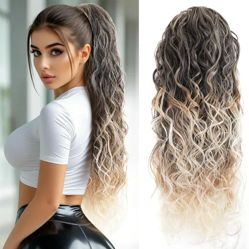 Vista 12 de Icono de la moda - Extensión de cola de caballo rizada ondulada con clip, cabello real, cola de caballo negra, extensiones de cordón con clip
