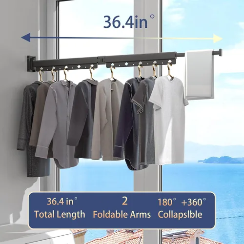 Vista 3 de Estante de Secado de Ropa, Tendedero de Ropa Retráctil y Plegable para Montaje en Pared para Interior, Estante de Colgar Ropa Ahorrador de Espacio