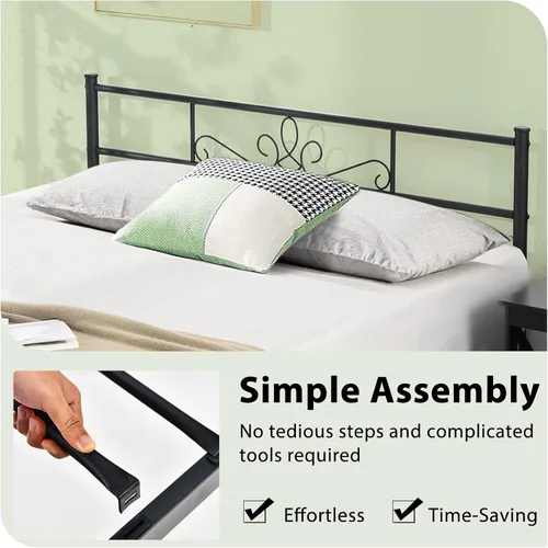 Vista 5 de KOMFOTT Base de cama de plataforma metálica de tamaño matrimonial con cabecera y estribo, base de colchón con listones de metal reforzados,