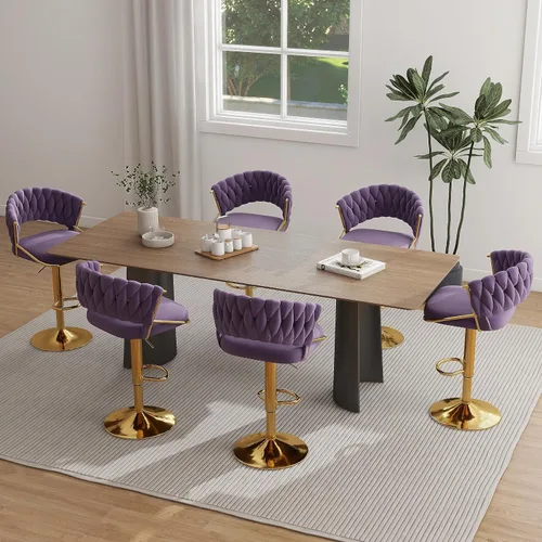 Vista 13 de Juego de 2 taburetes de bar giratorios de 360° con respaldo alto, silla de bar de terciopelo ajustable moderna de altura de mostrador, taburete