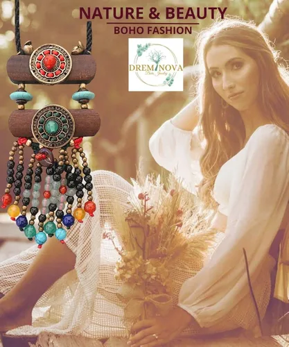 Vista 2 de DREMINOVA - Collares de cuentas bohemios para mujer, con colgante largo, cuentas de madera de piedra, collar de madera hecho a mano para mujer
