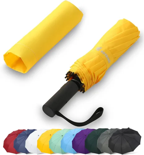 Vista 13 de GAOYAING Paraguas de lluvia automático grande de 46 pulgadas, resistente al viento, ligero, listo para viajar, tela resistente de 12 costillas 210T