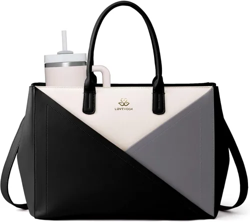 Vista 12 de LOVEVOOK Bolso para laptop de mano para mujer con portavasos grande, de 15.6 pulgadas, de PU, bolso de trabajo para maestra, bolso de mano