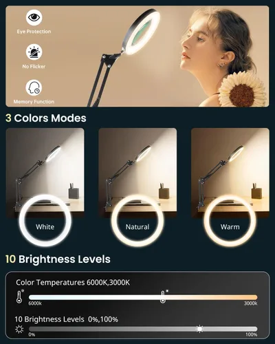Vista 4 de UBeesize Lupa 10X con luz y soporte, lupa iluminada para trabajo cercano, lectura, manualidades, joyería, costura, soldadura, lámpara de escritorio