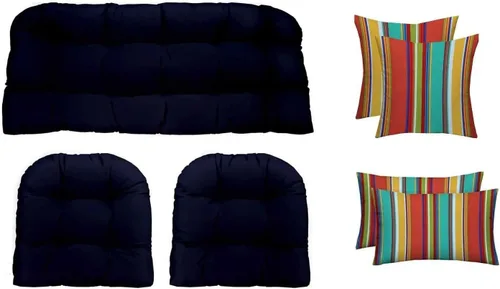 Vista 22 de RSH DECOR Juego de 7 piezas de mimbre copetudo para interiores y exteriores, sofá biplaza, cojines cuadrados y lumbares, hecho de telas aztecas
