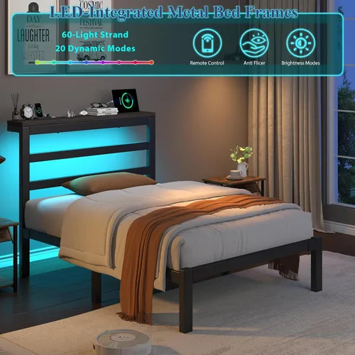 Vista 6 de E-Motie Marco de cama tamaño doble con cabecera de almacenamiento, plataforma industrial con estación de carga y luces LED, espacio