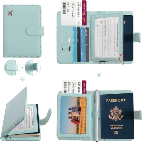 Vista 3 de Foreate Cartera para pasaporte con cremallera, cartera de viaje con ventana de identificación, funda de pasaporte, tarjetero con bloqueo RFID, Verde